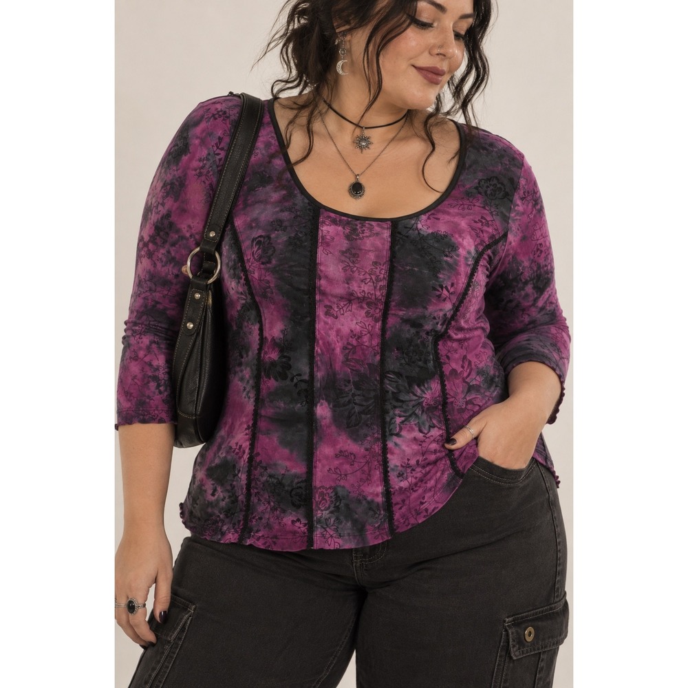 Dressbarn Woman 2X Purple Black Floral Tie Dye Burnout Lace Trim 3/4 Sleeve Top